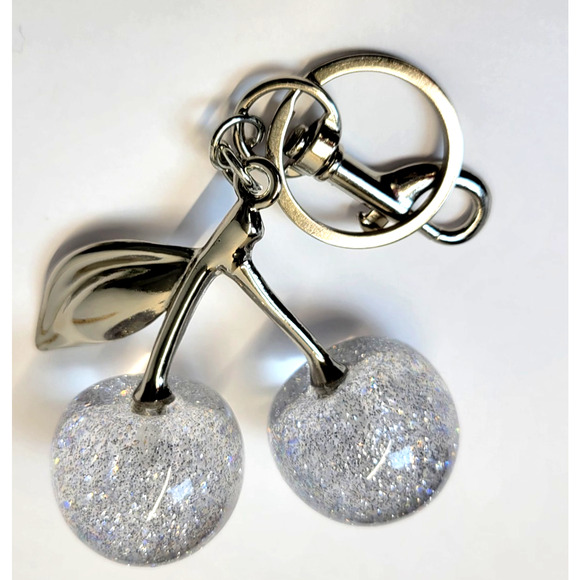 Clear White Cherry Keychain Bag Charm Silver Tone Resin Lobster Clasp New - Picture 14 of 15